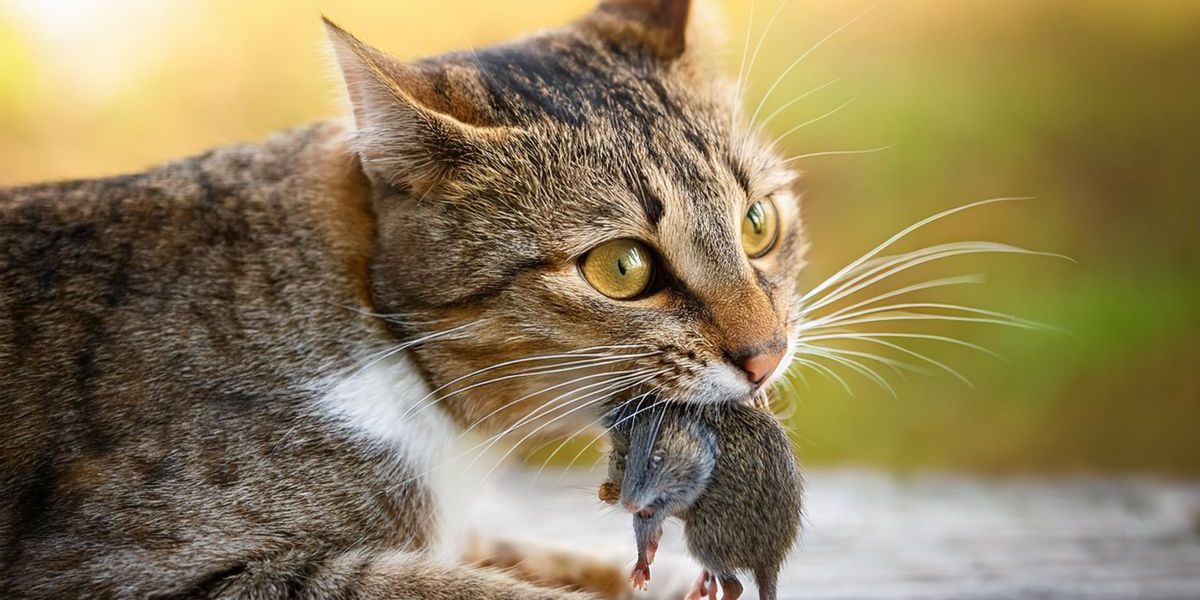 Hauskatze mit einer Maus im Maul