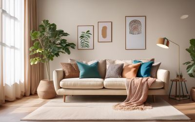 Mit Kissen, Decken und Vorhängen gemütlich dekoriertes Wohnzimmer