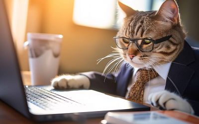 Kater als Bürohengst mit Anzug und Notebook