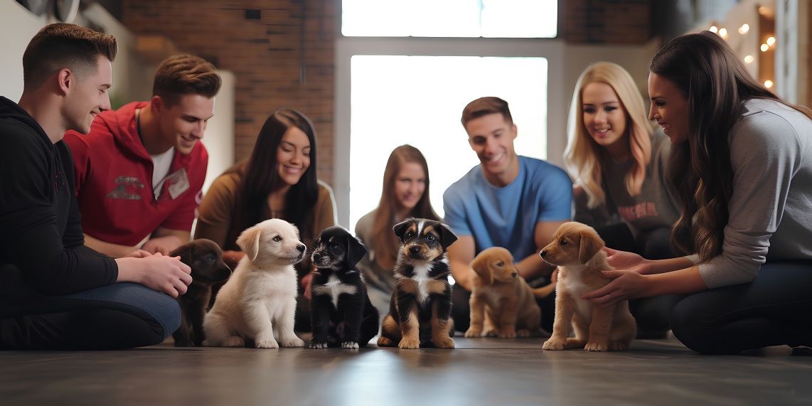Gruppe junger Menschen mit ihren Welpen auf dem Fussboden sitzend.