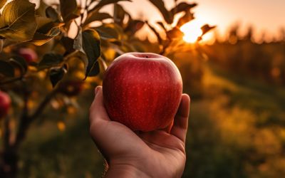 Eine ausgestreckte Hand hält einen Apfel. Im Hintergrund einige Apfelbäume.