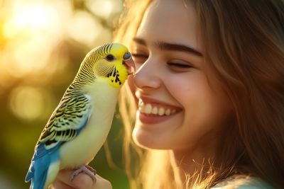 Lächelndes Mädchen interagiert mit ihrem bunten Sittich in einer sonnigen Umgebung im Freien