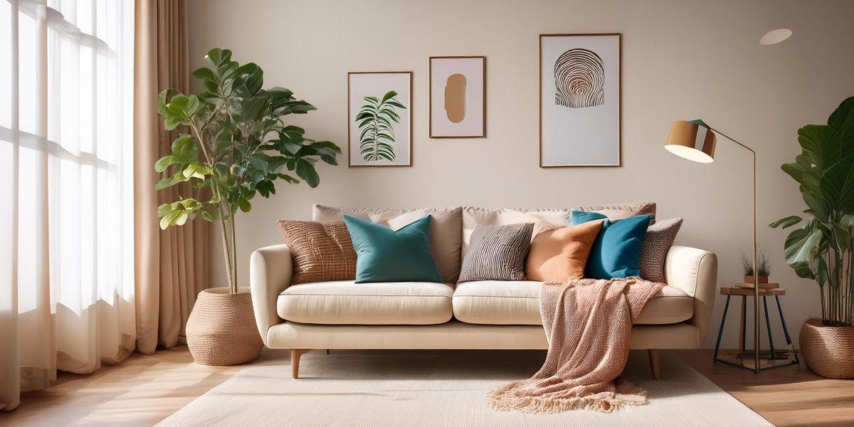 Gemütliches Wohnzimmer, dekoriert mit bunten Kissen, Kuscheldecken, einer Pflanze und einer Stehlampe
