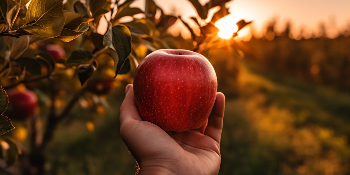 Eine dem Sonnenuntergang entgegengestreckte Hand hält einen Apfel