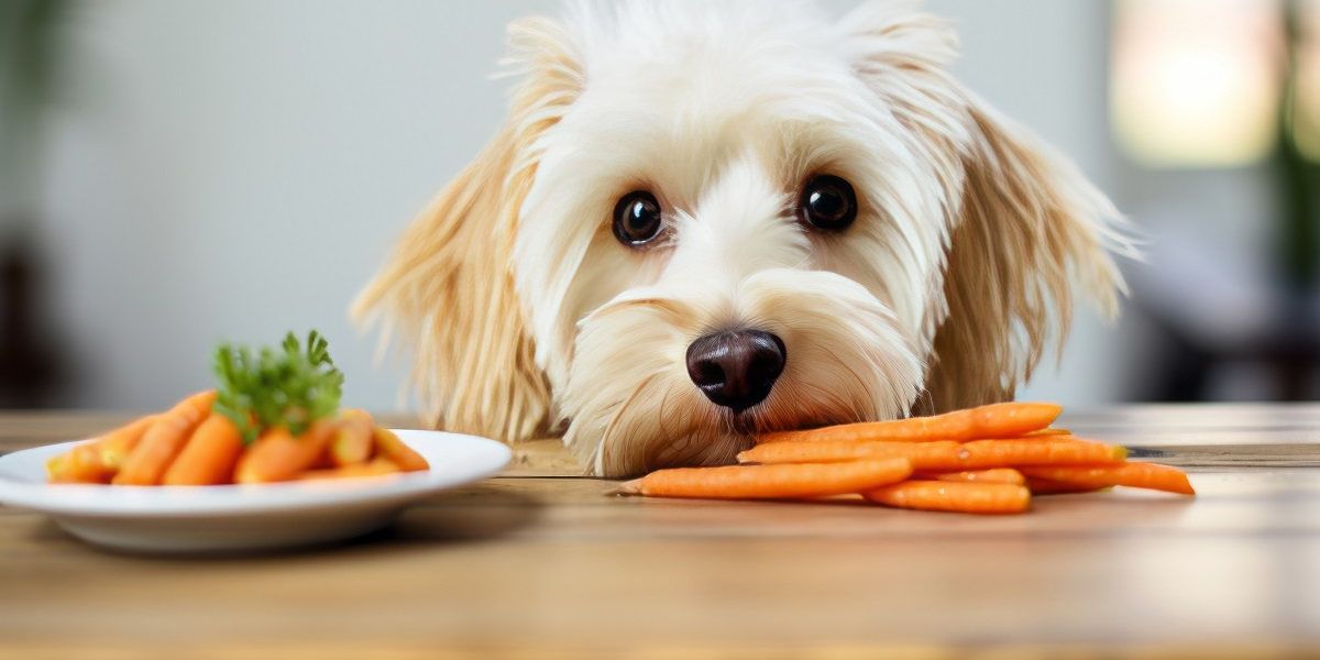 Kleiner Hund schaut sehnsüchtig auf einen Tisch mit Karotten