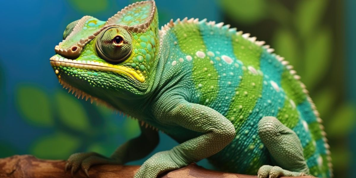 Ein grünfarbenes Chamäleon sonnt sich auf einem Ast