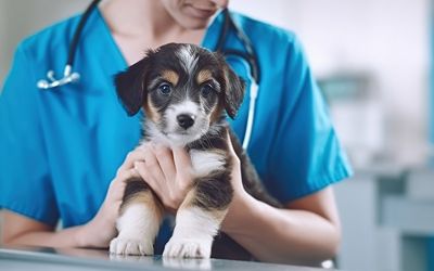 Tierärztin untersucht Welpen auf dem Behandlungstisch