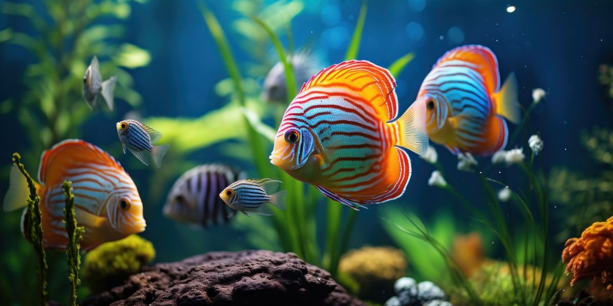 Eine Gruppe von farbenprächtigen Diskusfischen in einem Süsswasser-Aquarium