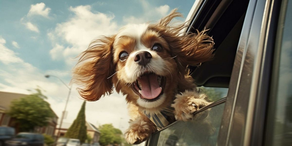 Kleiner Hund hängt mit flatternden Ohren aus dem fahrenden Auto