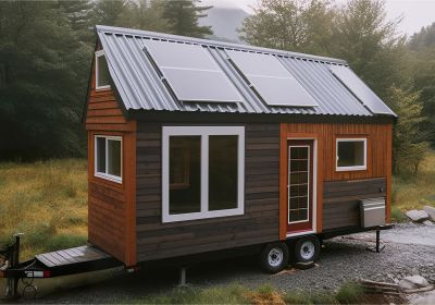 Tiny House umgeben von Wald an einem bachlauf stehend mit Solar Insel-Anlage auf dem Dach