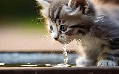 Kleine Katze trinkt Wasser aus einer Schale
