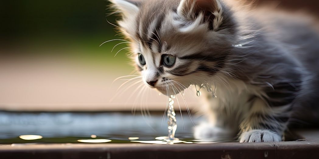 Ein Kätzchen trink Wasser aus einer Wasserschale