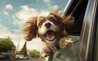 Kleiner Hund lehnt sich während der Fahrt aus dem Auto