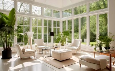 Ein lichtdurchfluteter Wintergarten mit gemütlichen Polstermöbeln und dekorativen Pflanzen.