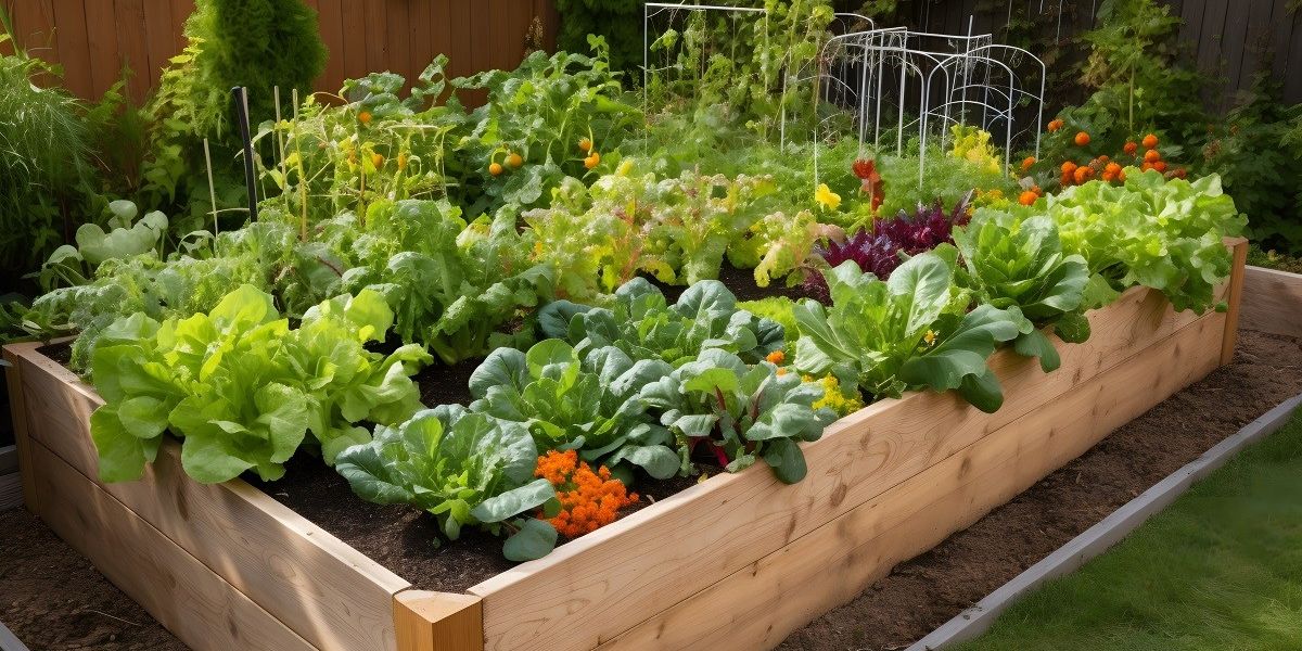 Ein aus Holz gebautes Hochbeet und mit Gemüse und Kräutern bepflanzt