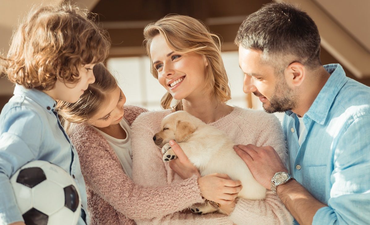 Junge Vierköpfige Familie freut sich über den Vierbeinigen Familienzuwachs.