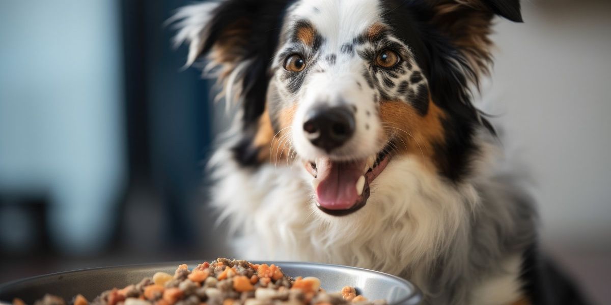Junger Hund wartet sehnsüchtig auf seinen gefüllten Futternapf