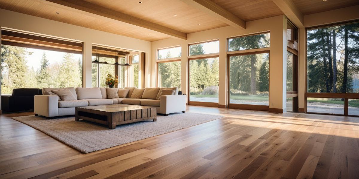 Großes Wohnzimmer mit Holzdecke, gemütlicher Sitzgarnitur und Laminatfussboden in Holzoptik.