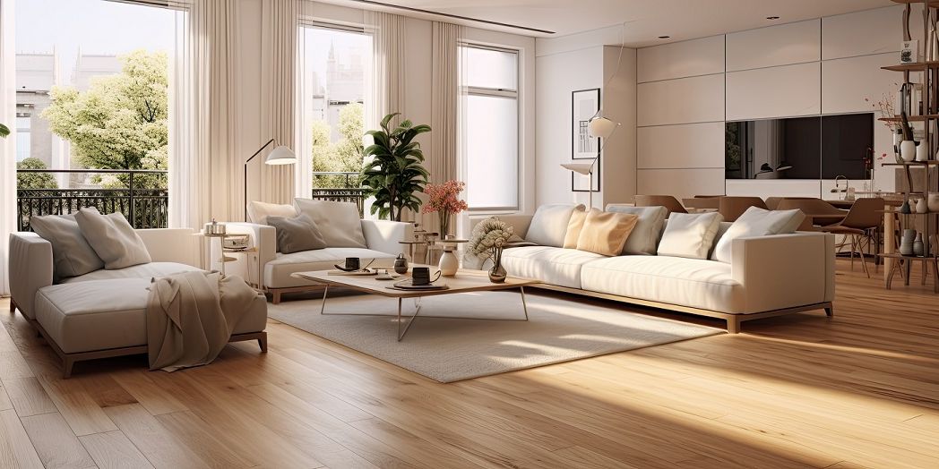 Großes Wohnzimmer mit gemütlicher Sitzgarnitur und Parkettboden.